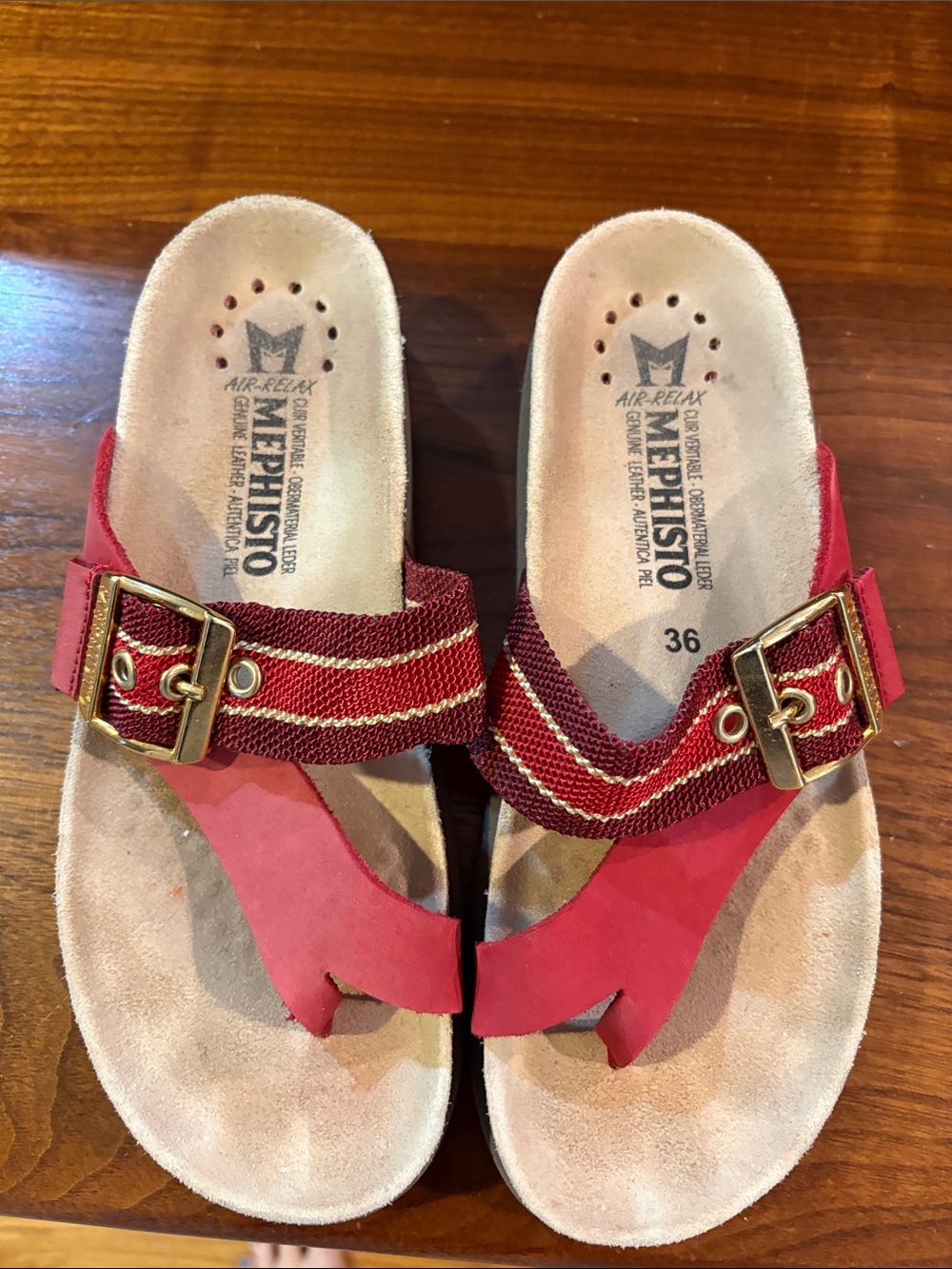 Birkenstock Red Leather & Striped Fabric Buckle Sandals